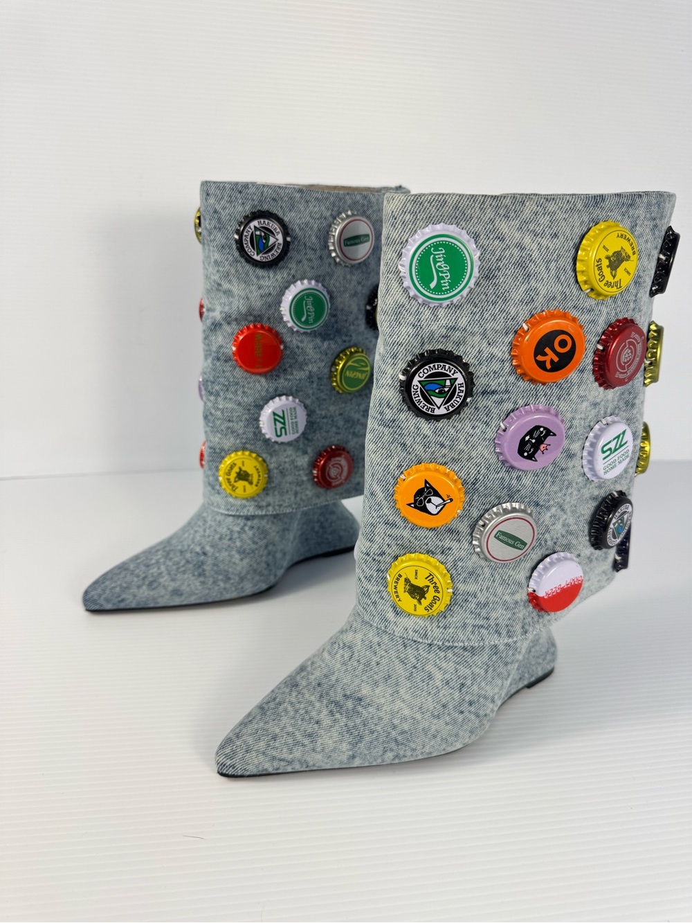 NEW Denim Bottle Cap Mid-Calf Boots – Pointed Toe Statement Boots – NIB